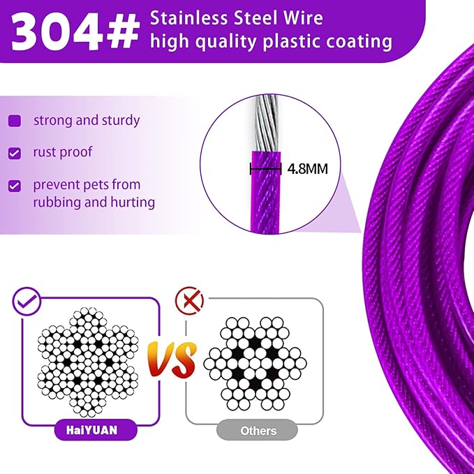 Dog Tie Out Cable 10/15/20/25/30 FT Runner for Yard Steel Wire Cable with Durable Superior Clips Purple Chains for Outside Dog Lead for Large Up to 165 Lbs-PawvioPets