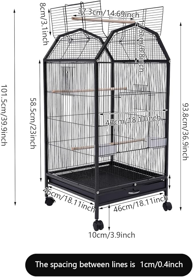 40-Inch Wrought Iron Bird Cage with Open-Top and Rolling Stand, Movable Parrot Cage Pet Bird Flight Cage, 360 Degree View Spacious Interactive Roof Pet Bird House for Medium&Small Birds-PawvioPets