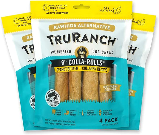 Collagen Rolls - 6" Collagen Rolls for Dogs - Long Lasting Healthy Joint Support - Rawhide Alternative - Skin & Coat Health - Made with Real Peanut Butter, Value Pack, 3 Bags, 12 Count-PawvioPets