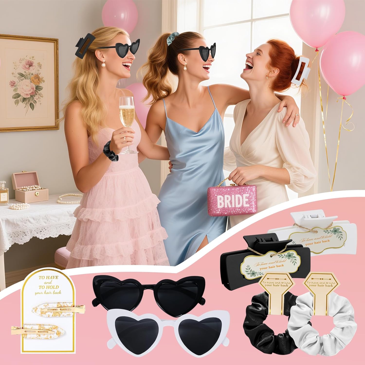 Black Bridesmaid Gift Box for Proposal, 8PCS Hair Claw, Scrunchies, Makeup Clips & Heart Sunglasses – Chic Gift for Women, Bachelorette Party Favors, Birthday Gifts for Girls & Teens