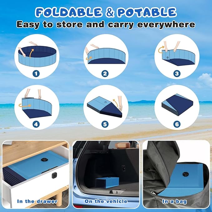 Foldable Dog Swimming Pool, Totiro 91"x16" Oversize Collapsable Hard Plastic Portable Bathing Tub for Pet Dog Kiddie Pool Indoor and Outdoor Leakproof PVC Play Pool for Large Dogs Pets Puppy Kids Blue-PawvioPets