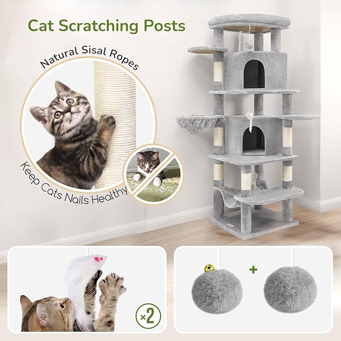 Globlazer Corner Cat Tree for Large Cats, 66inch Tall Curved Series Large Cat Tower for Multiple Indoor Cats with 6 Scratching Posts, 2 Spacious Cat Condos, Hammock, Hanging Basket, C66, Light Grey-PawvioPets