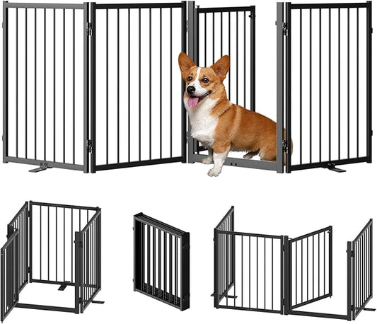 Full Metal Freestanding Dog Gate with Door, 24'' Height Foldable Pet Dog Fence for Indoor & Outdoor, 4 Panels Extra Wide Free Standing SmallDog Gates for Doorways,House,Stairs,Porch,Deck,Yard-PawvioPets
