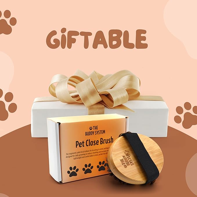 The Buddy System Pet Close Brush, Soft Touch Oval Palm Brush - Bamboo Massage Handheld with Soft Boar Bristles and Elastic Band for Dogs and Cats-PawvioPets