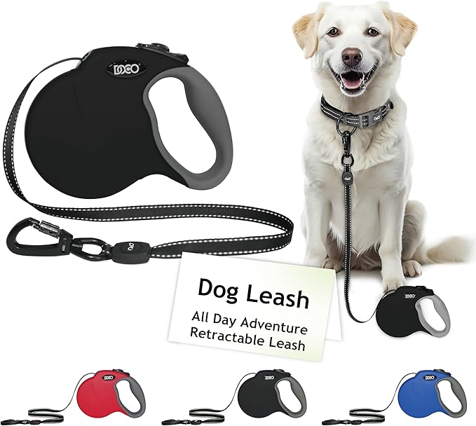 DOCO Retractable Dog Leash for Large Dogs (Length - 16’, Weight - Upto 110lb) Reflective Tape Lead with Stop and Lock Control, Tangle Free 360° Swivel Snap & Anti-Slip Grip (Black, Large)-PawvioPets