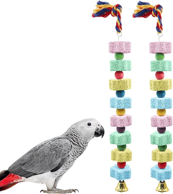 2 Pack Bird Chewing Toy, Colorful Parrot Beak Grinding Calcium Stone with Bells, Cage Accessories for Cockatiels Parakeets Parrots Budgies Lovebirds Rat Hamster Chinchilla Rabbit Bunny African Grey-PawvioPets