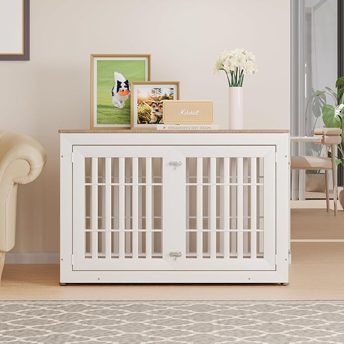 48" Heavy Duty Dog Crate Furniture for Small,Medium and Large Dogs,Rustic Wooden Dog Cage Kennel Indoor Furniture with Waterproof Top,Decorative Pet House Side End Table (White & Wood)-PawvioPets