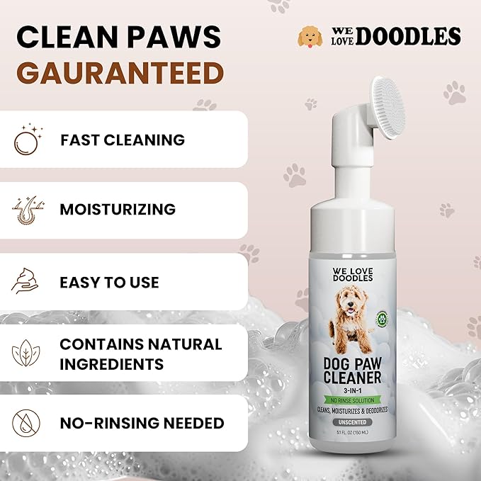 Dog Paw Cleaner (Over 100+ Feet Cleanings) No-Rinse Dog Foot Washer, Gentle and Safe Paw Cleaner for Dogs and Cats, Foam Formula, Moisturizes and Deodorizes, 150mL (Unscented) [We Love Doodles]-PawvioPets