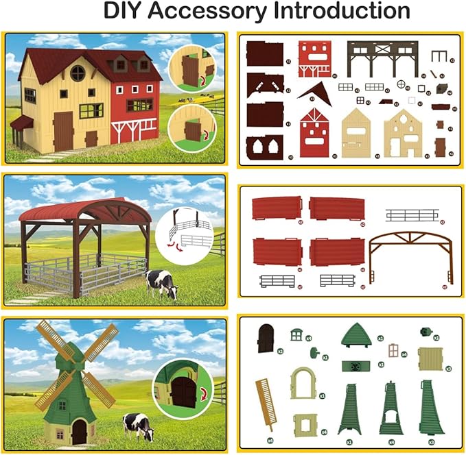 Farm Animals Figurines Toys -140 pcs Toy Set Barn Toy Horse Stable Tractor Trailer Windmill Farmer Fence Playset for Kids Toddlers Boy Girl 3-7 Years Old-PawvioPets