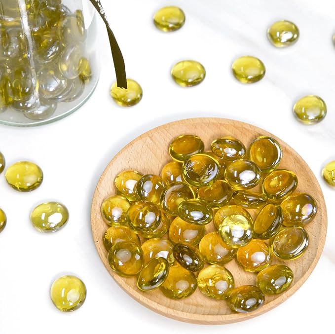 FUTUREPLUSX 1LB Yellow Glass Marbles, Flat Marbles Glass Beads Vase Fillers Decorative Rocks Gold Gemstones for Centerpieces Aquarium Table Scatter Home Decor-PawvioPets