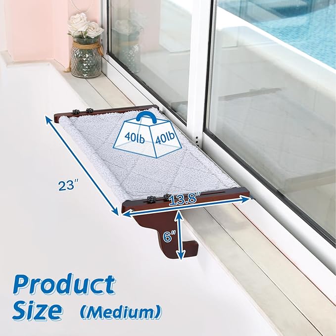 Easy Seat Cat Perch for Window Sill - Hammock Design w/Premium Wood & Robust Metal Frame - Cat Window Seat for Large Cats and Kittens (Dark Stained Wood w/Gray Bed, Medium (23''W x 14''D))-PawvioPets
