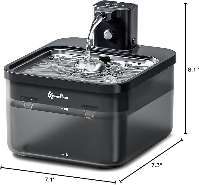 DownyPaws Cat Water Fountain Stainless Steel Cordless, 84oz/2.5L Fursink Wireless Pet Water Fountains for Cats Indoor, Battery Operated Cat Drinking Fountain, Ultra Quiet Pump, BPA-Free, Black-PawvioPets