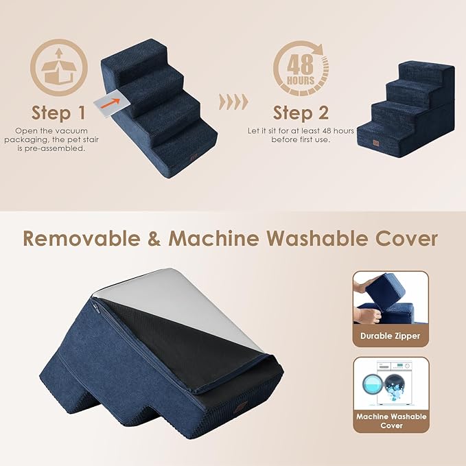 EHEYCIGA Dog Stairs for Bed 18" H, 4-Step Dog Steps for High Bed, Pet Steps for Small Dogs and Cats, Non-Slip Balanced Pet Ramp Indoor, Navy Blue-PawvioPets