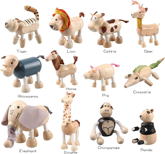 12PCS Bendable Wooden Animal Toys, Fun and Posable Animal Toys for Early Education, Smooth Natural Wood, Safari Farm Wood Animals Learning Toy for Kids-PawvioPets