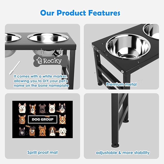 Elevated Dog Bowls, 10" Tall Height, Raised Bowl Stand with 2 Stainless Steel Food Feeder Bowls (58oz) and Spill-Proof Mat for Medium Large and Small Breeds-PawvioPets