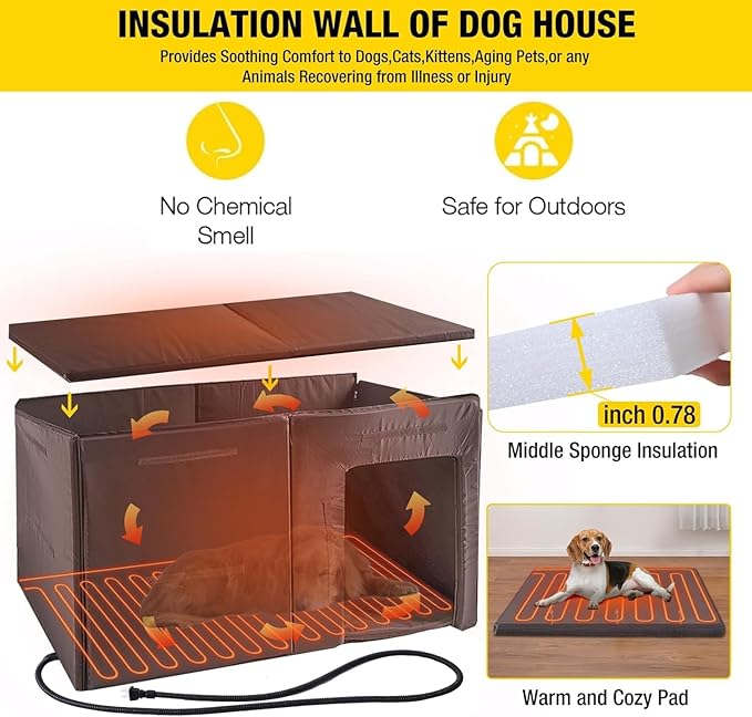 Aivituvin Dog House Insulated Outdoor Dog Kennel with Heated Liner for Winter 59" Extra Large Insulated Dog Cage with Heater,All-Around Iron Frame(Grey)-PawvioPets