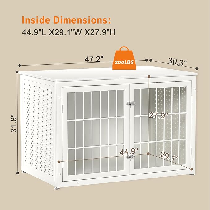 48" Heavy Duty Dog Crate Furniture for Large Dogs, Metal Cage for High Anxiety Dogs, Wooden Kennel Furniture Indoor, Decorative Dog Kennel End Table, XL,White-PawvioPets