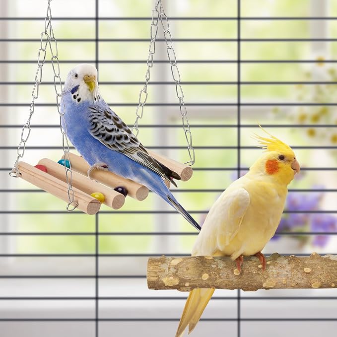 Bird Perches for Cage 6pcs Natural Bird Stand Branch for Cage with Hanging Bridge, Parrot Swing Toys Chewing Climbing Standing Branches Wood Pole Paw Grinding Fork Parakeet Platform-PawvioPets