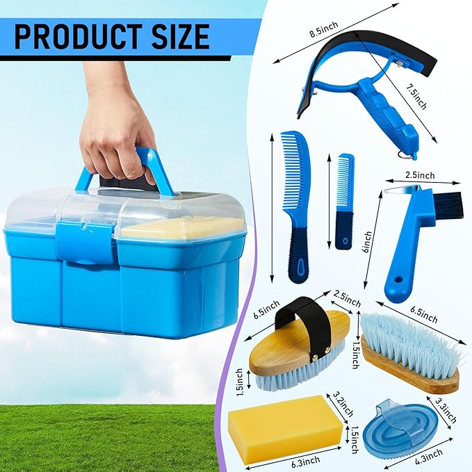 Cunhill 9 Pieces Horse Grooming Kit Tack Room Supplies Set with Organizer Tote Box, Oval Massage Curry, Hard and Soft Brush, Hoof Pick, Sweat Scraper, Bathing Sponge, Combs for Horse Riders Beginners-PawvioPets