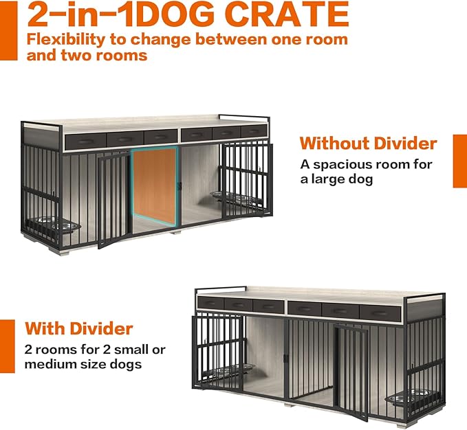 86.6inch Dog Crate Furniture with Storage,Furniture Style TV Stand Dog Kennel for 2 Dogs,with 6 Drawers,Removable Divider&Adjustable Bowls,Heavy Duty Metal Chew-Resistant Dog Crate Furniture-PawvioPets
