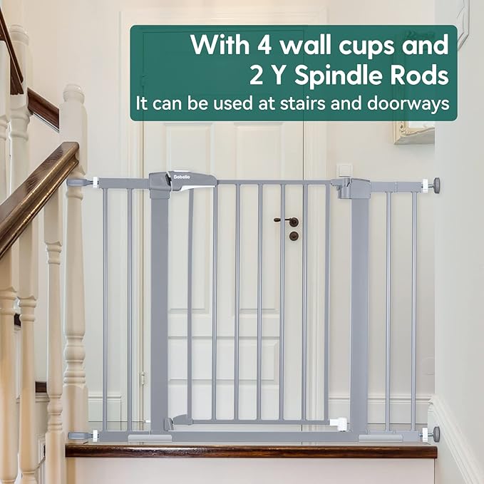 Babelio Metal Baby/Pet Gate, 29-48'' Auto Close Easy Install, Extra Wide Walk Thru for Child Safety, Pressure Mounted Dog Door for Doorways & Stairs, with Y Spindle Rods, Grey-PawvioPets