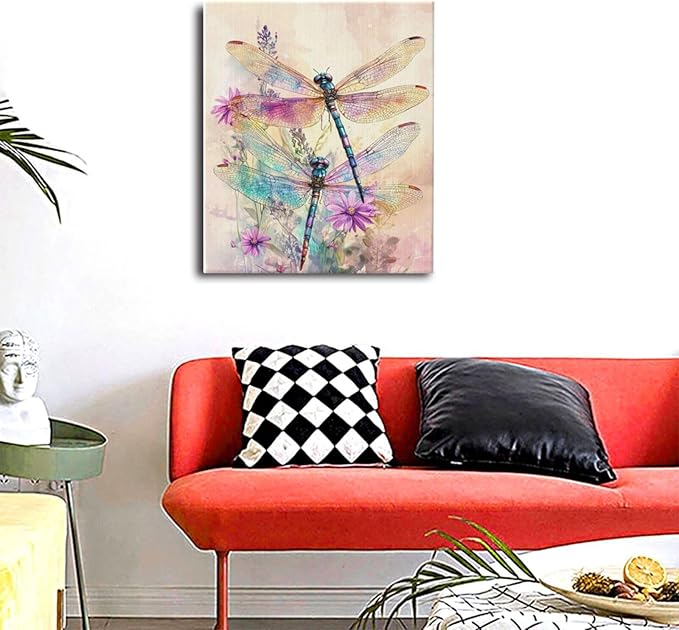 Dragonfly Bathroom Pictures Wall Art, Floral Bathroom Wall Decor, Framed Painting Canvas Artwork for Bedroom Living Room Decorations 24"L x 20"W-PawvioPets