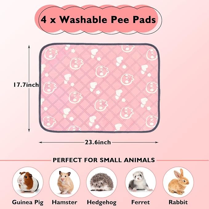 4 Pack Guinea Pig Bedding - Washable Guinea Pig Cage Liners, Waterproof Reusable & Anti Slip Pee Pads Super Absorbent Mats for Small Animals Pet Rabbit Bunny Hamster Rat (Pink, 24 x 18 Inch)-PawvioPets