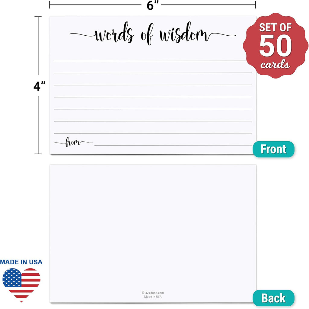 321Done Words of Wisdom Card (50 Cards) 4" x 6" - Blank Advice Cards for Wedding Bridal Shower Baby Shower Mr and Mrs Bride and Groom Graduation - Made in USA - White