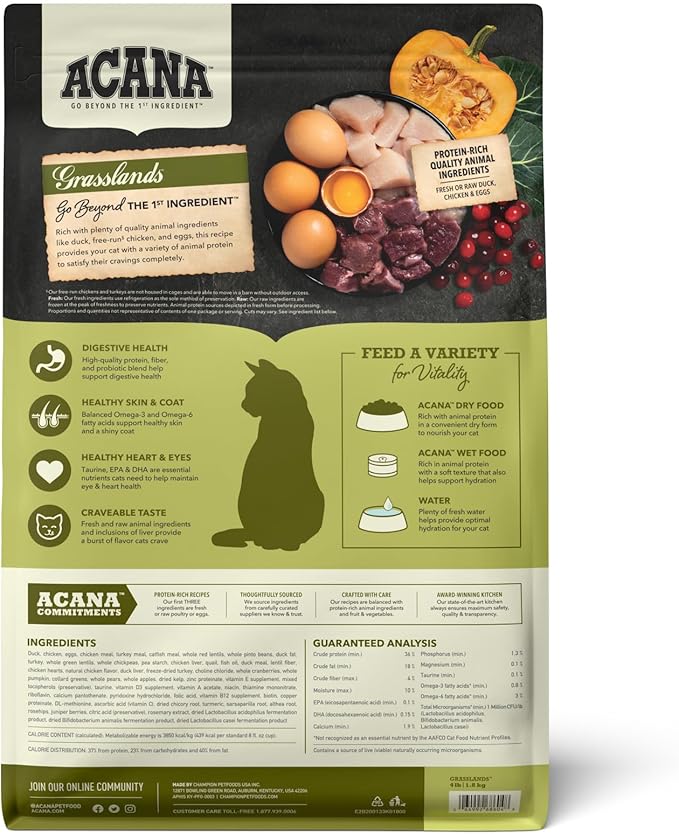 ACANA Highest Protein Grasslands Grain-Free Dry Cat Food, Duck, Free-Run Chicken and Eggs Cat Food Recipe, 4lb-PawvioPets