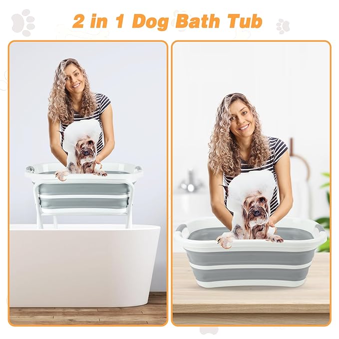 BWOGUE 2 in 1 Portable Dog Bath Tub Elevated Collapsible Dog Bathtub Washing Station with Drainage Hole for Bathing, Shower and Grooming, Pet Tub for Puppy Small Medium Dogs Indoor and Outdoor-PawvioPets