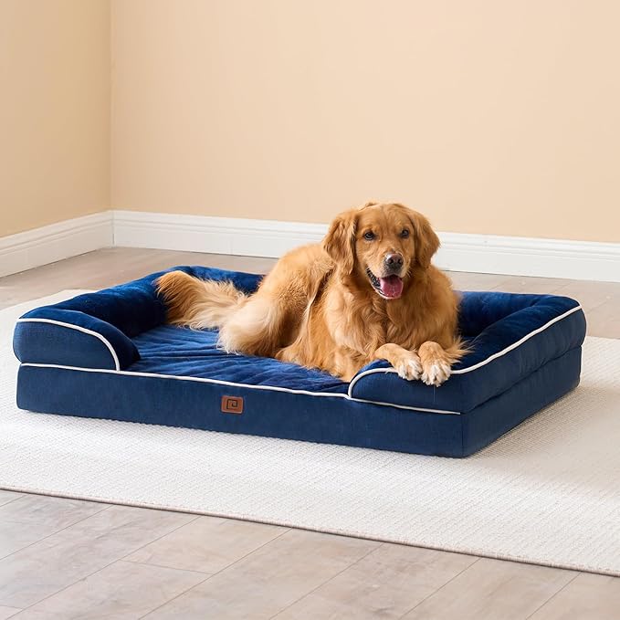 EHEYCIGA Orthopedic Dog Beds for Extra Large Dogs, Waterproof Memory Foam XL Dog Bed with Sides, Non-Slip Bottom and Egg-Crate Foam Big Pet Couch Bed with Washable Removable Cover, Navy-PawvioPets
