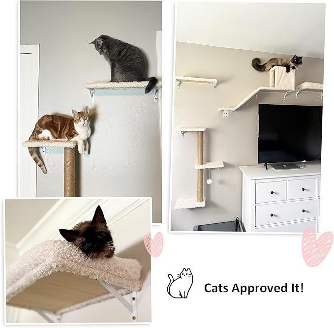 FUKUMARU Cat Wall Shelves, Stable & Safe 4 in 1 Large Cat Walls Furniture Set, Wooden Kitten Climbing Wall with Scratching Post for 16 Inch Drywall - Beige-PawvioPets