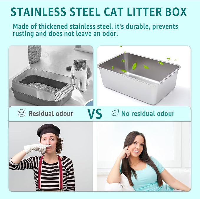 2 Pack Stainless Steel Litter Box-XXL Metal Litter Box for Big Cats 8IN Deep, Cat LitterBox-Pet Toilet Easy to Clean,High Sided Cat Litters Boxes Adult Cats,Non Stick, No Smell-PawvioPets