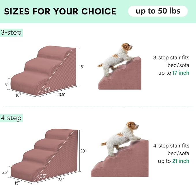 Dog Steps for Small Dogs, 3-Step Pet Ramp Stairs for High Beds and Sofa, Non-Slip Pet Stairs for Small Dogs and Cats, Removable and Easy to Clean Cover, Pink-PawvioPets