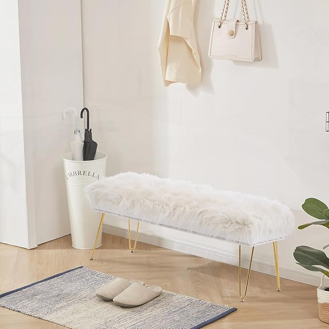46 Inch White Bedroom Bench, Benches for Bedroom White Faux Fur Upholstered Bed end Bench, Tufting Ottoman Bench Indoor Bench with Metal Legs for Living Room Bedroom Entryway, White-PawvioPets