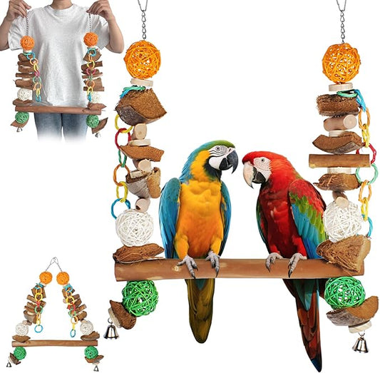 3-in-1 Parrot Toys Natural Coconut Fiber Parrot Hammock (Swing + Perch + Chew Toy) Natural Bird Perches for Medium Large Birds - 23" Bird Toys for Parrots Stand-PawvioPets