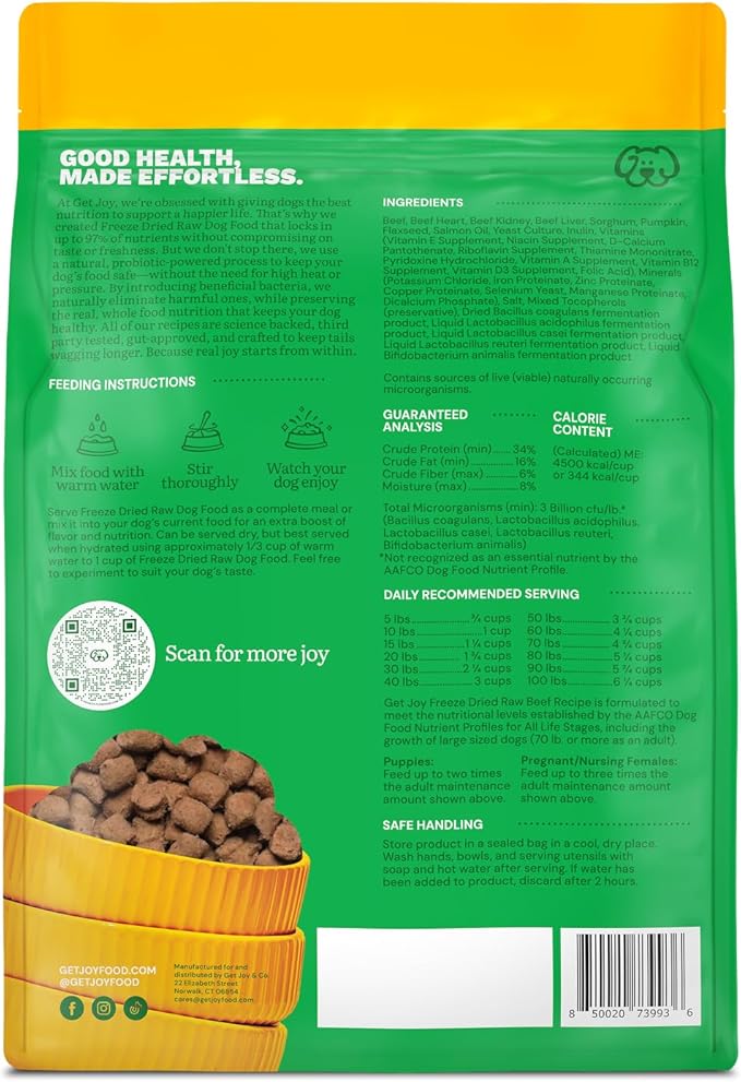 Get Joy Gut Health Fresh Freeze Dried Raw Meal, Beef Recipe, 16 Ounce Bag, Dog Food for Dogs of All Breeds and Life Stages, PhD Animal Nutritionist Formulated, USDA Beef, Made in USA-PawvioPets