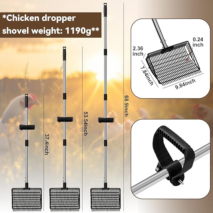 2 in 1 Chicken Poop Scooper Rake , 2 Rakes and 4 Sections Adjustable Stainless Steel Handle 37.4 - 68.9 Inch, Litter Scoop Chicken Coop Scoop for Animal Farm and Poultry Habitats with Gloves-PawvioPets