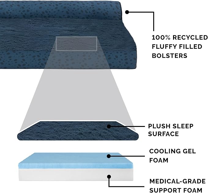Furhaven Cooling Gel Dog Bed for Large Dogs w/ Removable Bolsters & Washable Cover, For Dogs Up to 125 lbs - Plush & Almond Print L Shaped Chaise - Blue Almonds, Jumbo Plus/XXL-PawvioPets