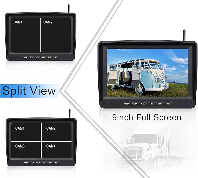 9" Wireless Backup Camera System for RV Truck Trailer Camper, 9 Inch DVR Quad Split Monitor IP69 Waterproof HD 1080P Wireless Rear Side View Cameras, Stable Signal Observation System - B904-PawvioPets