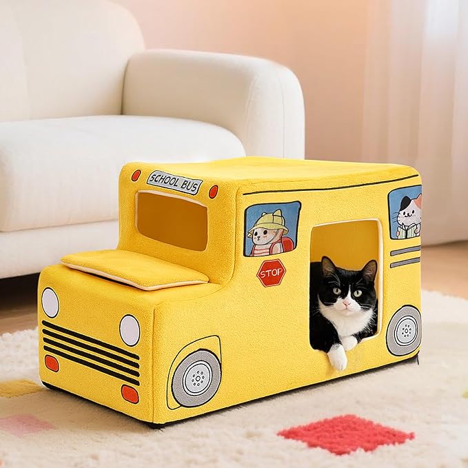 Cute Cat Beds Kitten Beds, Soft Small Dog Beds, Washable Pet Beds for Puppy and Kitty, Funny School Bus Cat Cave, 23 Inches-PawvioPets