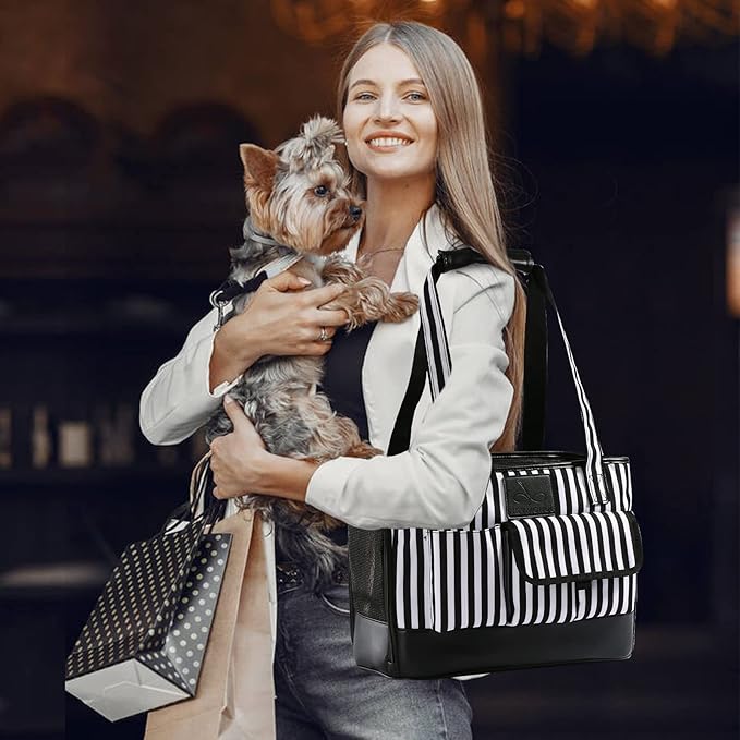 Cat Carrier, Dog Carrier, Pet Carrier, Foldable Waterproof Premium PU Leather Oxford Cloth Dog Purse, Portable Bag Carrier for Small to Medium Cat and Small Dog - Black White Stripes New-PawvioPets