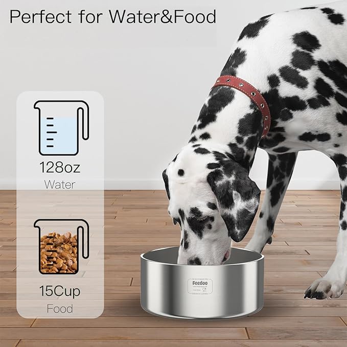 1Gallon Double Layer 304 Stainless Steel Dog Bowl - Insulated & Durable | Non-Slip Base | Easy to Clean | BPA-Free Safe Dog Water Bowl[128oz for Large Giant Breeds]-PawvioPets