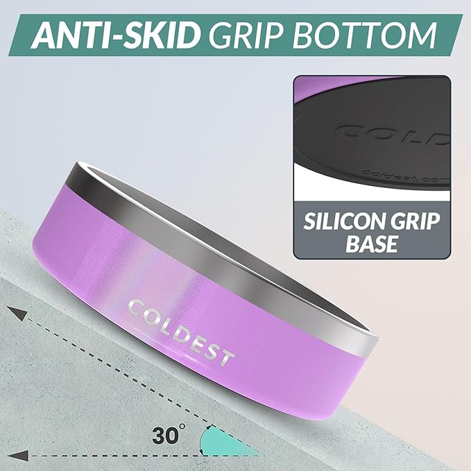 Coldest Dog Bowl - Anti Rust Metal, Non Slip, 3 Layers Insulated Stainless Steel Dog Bowls - Spill Proof & Heavy Duty - Water Bowl for Dogs, Cats, Dish Washer Safe (42 oz, Saturns Purple Glitter)-PawvioPets