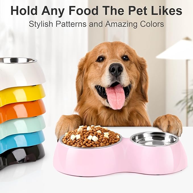 Double Dog Bowls Set – Non-Slip Pet Food & Water Dishes with Resin Stand, Includes Small (1 Cup) & Medium (2 Cups) Bowls – Ideal for Puppies, Cats, and Medium Dogs – Pink-PawvioPets