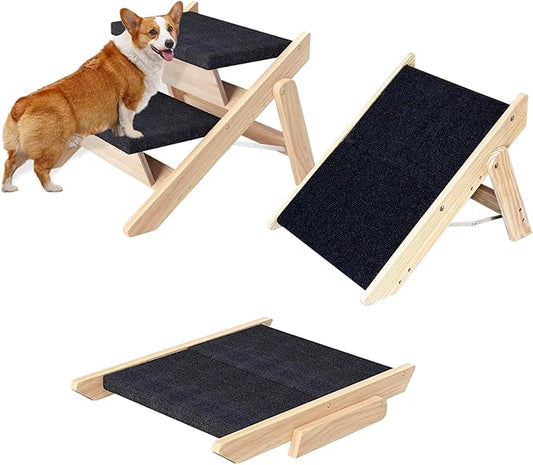 Dog Stairs/Ramp for Bed, Wooden Convertible Pet Steps, Portable Dog Ladder Up to 180 Pound for Elderly/Short-Legged Dogs, 2 Steps for Beds, Couch, Cars-PawvioPets