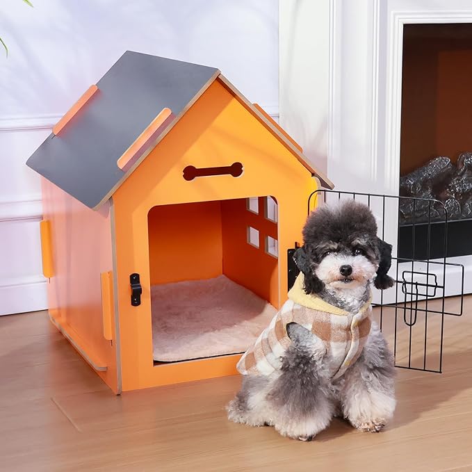 Dog House Indoor for Small Dogs or Cats, Cozy Wooden Design, Small Indoor Bed House, with Air Vents and Elevated Floor Warm Dog Cave (Orange)-PawvioPets