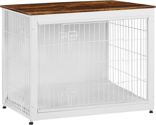 DWANTON Dog Crate Furniture with Cushion, Wooden Kennel Table with Double Doors, Indoor Dog House, Large Size, 38.5" L, White+Rustic Brown-PawvioPets