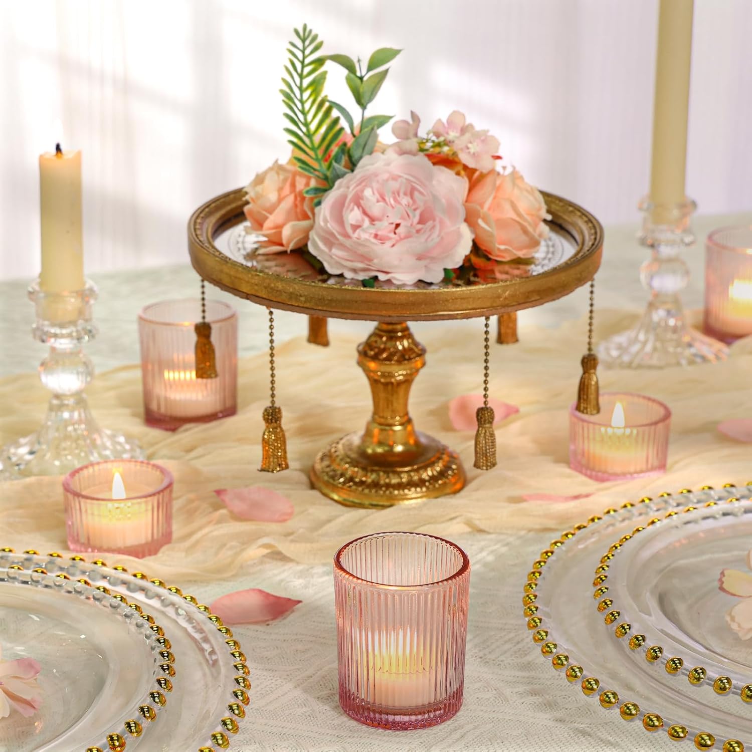 24 Pcs Glass Votive Candle Holders – Assorted Ribbed Pink Tea Light Holders Bulk for Weddings, Baby Showers, Parties, Home Décor, and Table Centerpieces