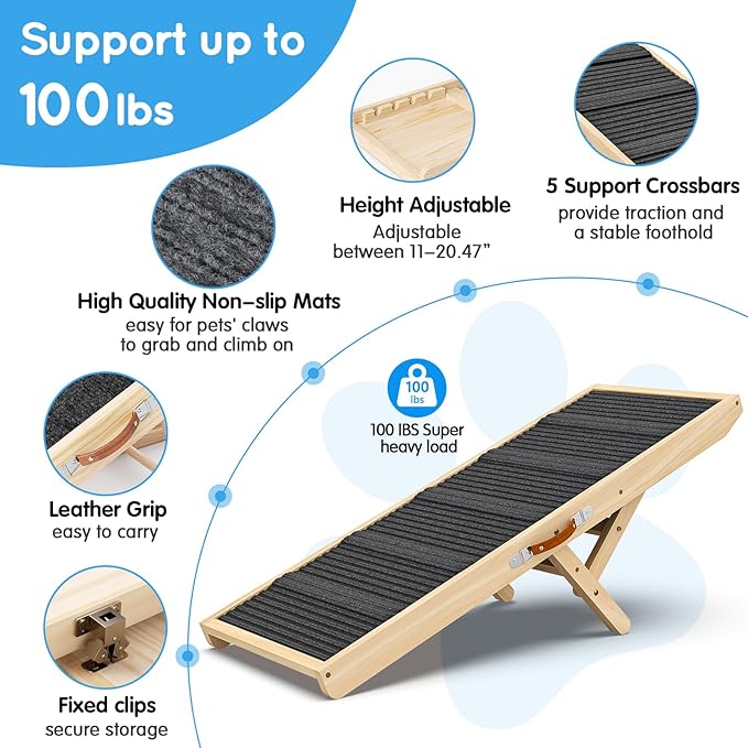 Dog Ramp for Couch, Bed, Wooden Long Pet Stairs for Small & Large Old Dogs & Cats, Hold up to 100lb, Adjustable Height from 11.41" to 20.47", Portable Doggie Steps (39.37" Long)-PawvioPets